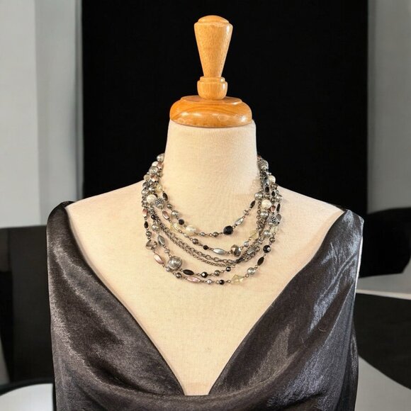 Lia Sophia Multi Strand Statement Necklace – Mixed Beads, Chains, Pearls, Black - Picture 1 of 7